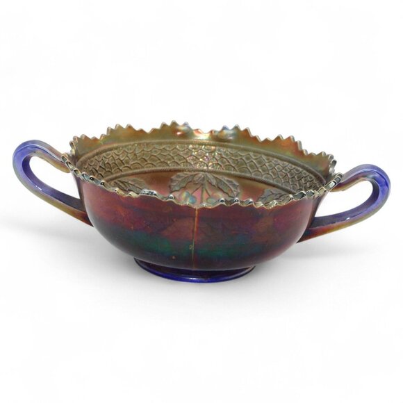 Vintage Fenton Carnival Glass Cherry Circles Bonbon Leaf & Bead Pattern Bowl Wit - Picture 3 of 7